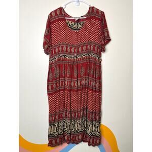 Vintage Partners XL Red Boho Midi Dress Tie Waist Jacquard Print Short Sleeve